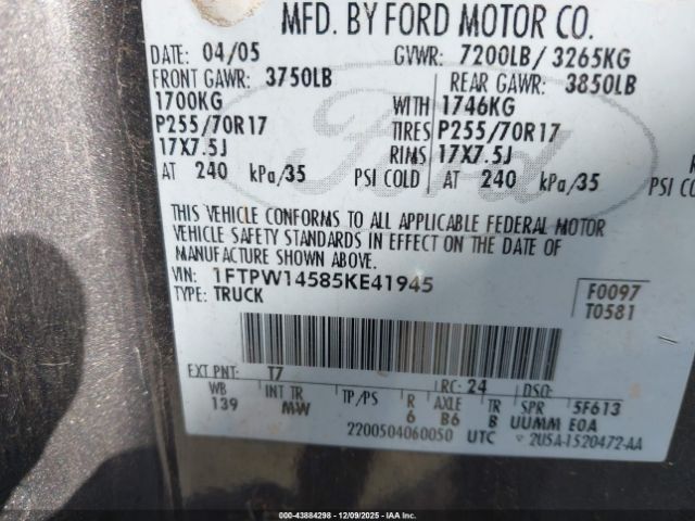 2005 FORD F-150 1FTPW14585KE41945 Photo 8