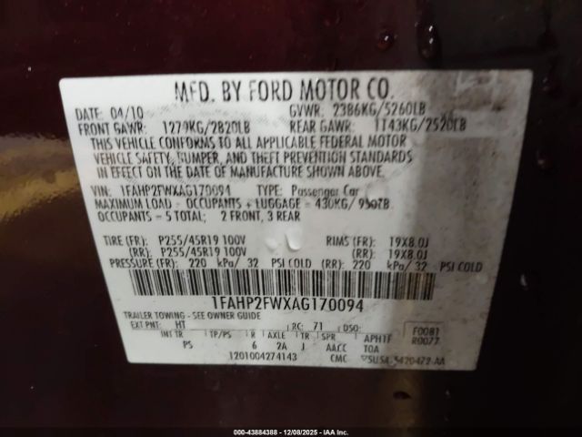 2010 FORD TAURUS 1FAHP2FWXAG170094 Photo 8