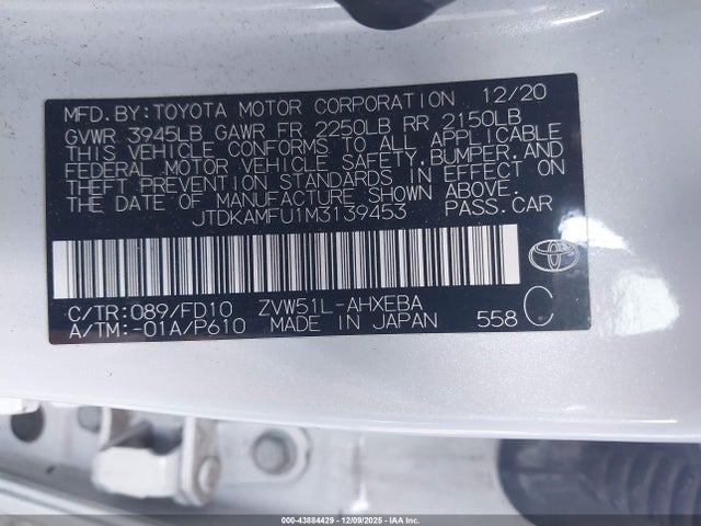 JTDKAMFU1M3139453 Toyota Prius Le