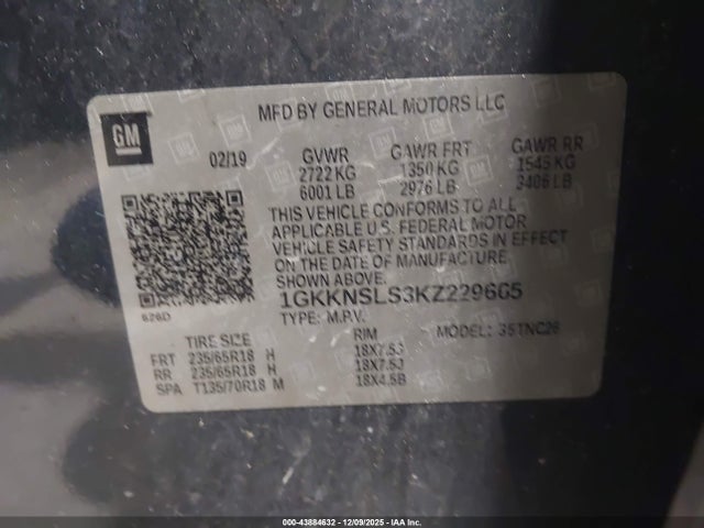 Aukcja sprzedaży 2019 Gmc Acadia Sle-2, vin: 1GKKNSLS3KZ229665, numer aukcji: 43884632