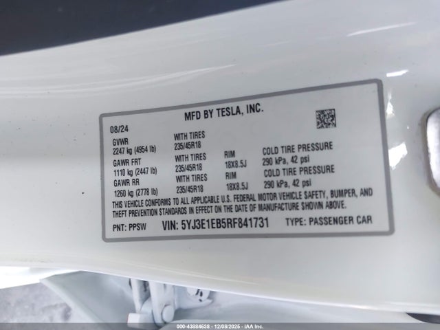 Aukcja sprzedaży 2024 Tesla Model 3 Long Range Dual Motor All-wheel Drive, vin: 5YJ3E1EB5RF841731, numer aukcji: 43884638