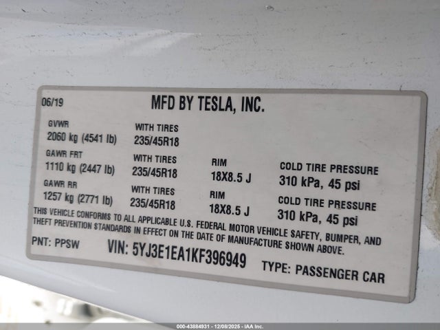 2019 TESLA MODEL 3 5YJ3E1EA1KF396949 Photo 8