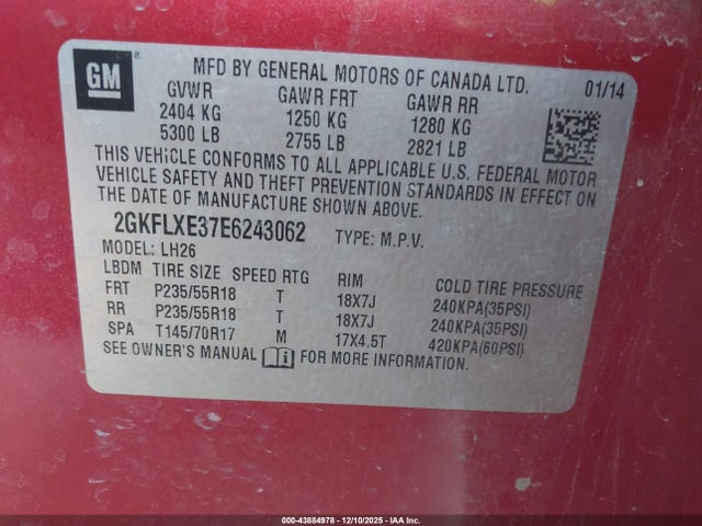 43884978 :رقم المزاد ، 2GKFLXE37E6243062 vin ، 2014 Gmc Terrain Slt-1 مزاد بيع