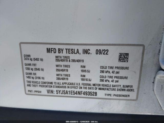 2022 TESLA MODEL S 5YJSA1E54NF493528 Photo 8