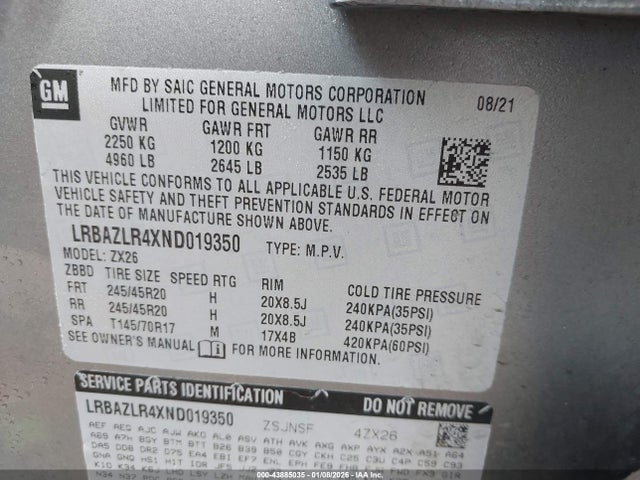 43885035 :رقم المزاد ، LRBAZLR4XND019350 vin ، 2022 Buick Envision Fwd Preferred مزاد بيع