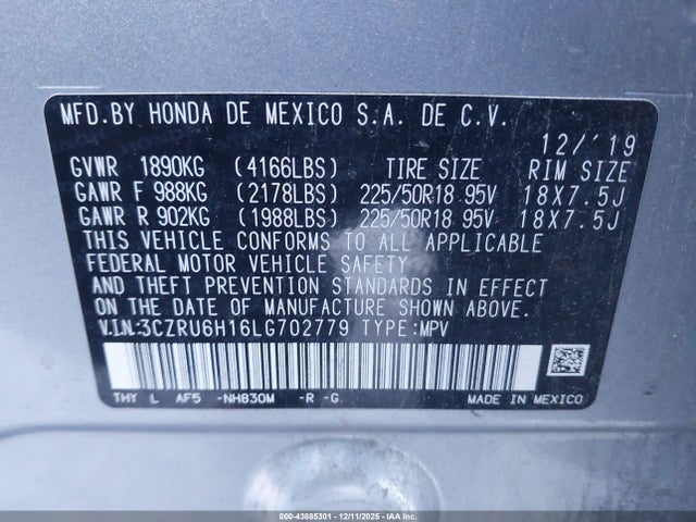 3CZRU6H16LG702779 Honda Hr-v Awd Sport