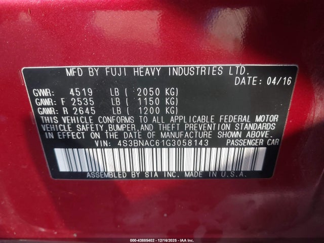 Subaru Legacy 2.5i Premium 2016 4S3BNAC61G3058143 Image 9