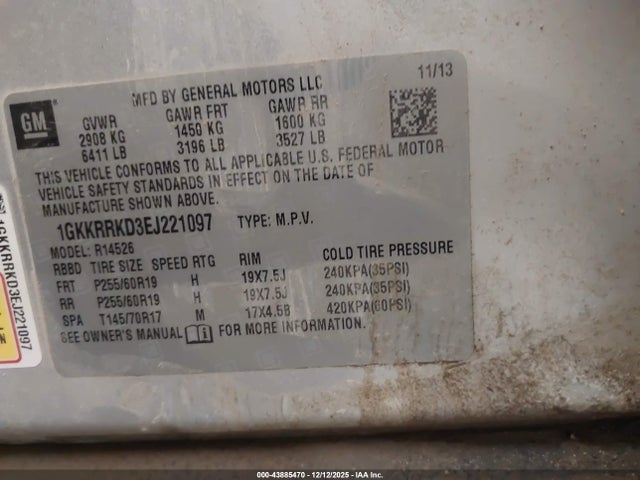 43885470 :رقم المزاد ، 1GKKRRKD3EJ221097 vin ، 2014 Gmc Acadia Slt-1 مزاد بيع