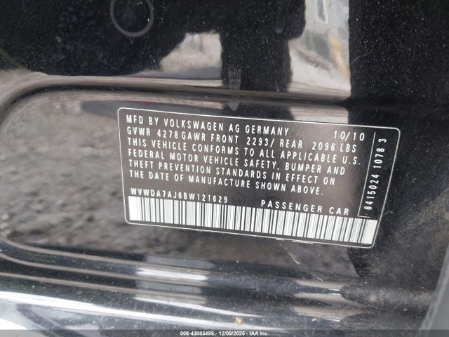 43885495 :رقم المزاد ، WVWDA7AJ6BW121629 vin ، 2011 Volkswagen Golf 2.5l 4-door مزاد بيع