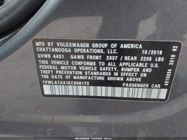 2019 VOLKSWAGEN PASSAT 1VWLA7A31KC006173 Photo 8