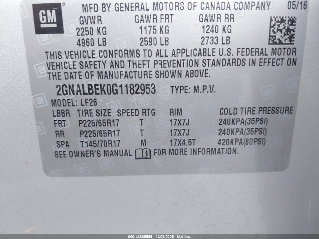 Aukcja sprzedaży 2016 Chevrolet Equinox Ls, vin: 2GNALBEK0G1182953, numer aukcji: 43885555