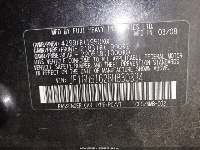 43885566 :رقم المزاد ، JF1GH61628H830334 vin ، 2008 Subaru Impreza 2.5i مزاد بيع