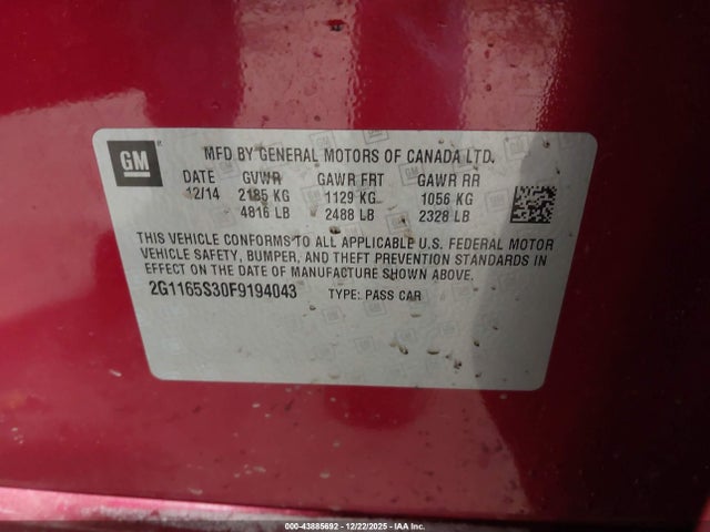 Chevrolet IMPALA 2LZ 2015 2G1165S30F9194043 Image 9