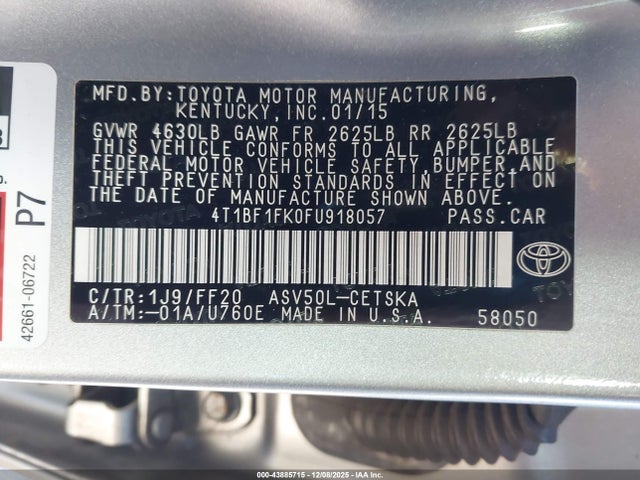 Aukcja sprzedaży 2015 Toyota Camry Se, vin: 4T1BF1FK0FU918057, numer aukcji: 43885715