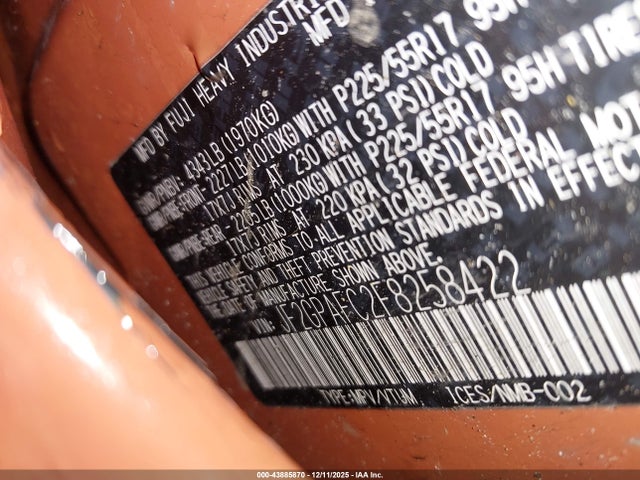 43885870 :رقم المزاد ، JF2GPAFC2F8258422 vin ، 2015 Subaru Xv Crosstrek 2.0i Premium مزاد بيع