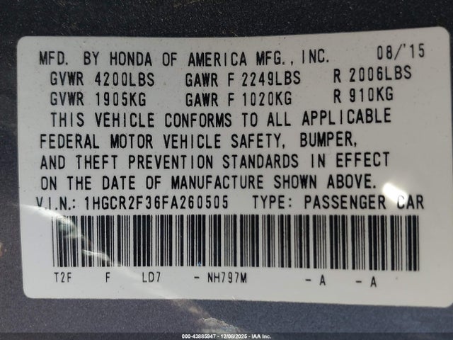 Honda ACCORD LX 2015 1HGCR2F36FA260505 Image 9