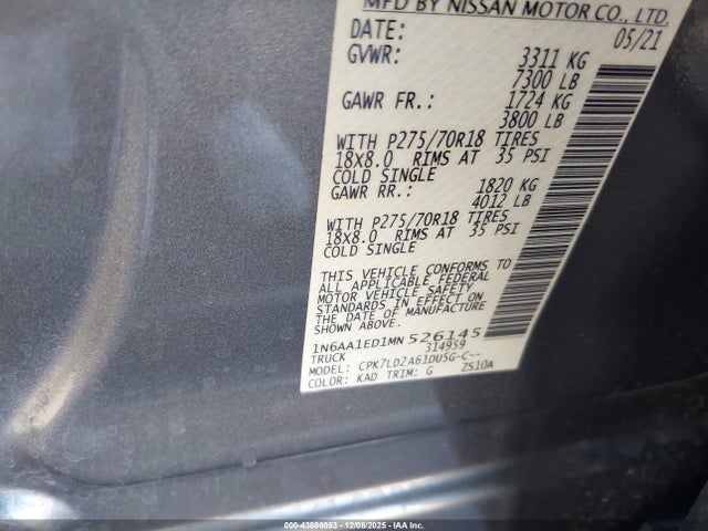 Aukcja sprzedaży 2021 Nissan Titan Pro-4x 4x4, vin: 1N6AA1ED1MN526145, numer aukcji: 43886053