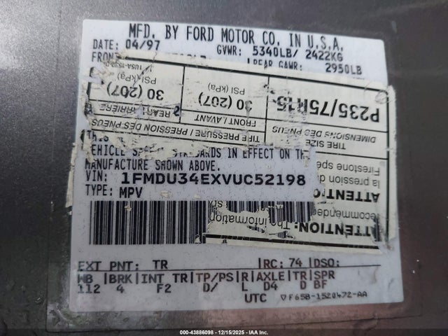 1997 Ford Explorer Eddie Bauer/limited/xl/xlt მანქანა იყიდება აუქციონზე, vin: 1FMDU34EXVUC52198, აუქციონის ნომერი: 43886098