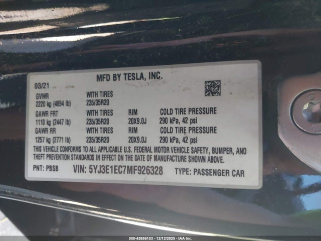 2021 TESLA MODEL 3 5YJ3E1EC7MF926328 Photo 8