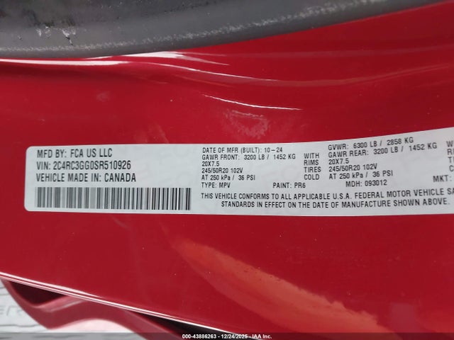 43886263 :رقم المزاد ، 2C4RC3GG0SR510926 vin ، 2025 Chrysler Pacifica Limited Awd مزاد بيع