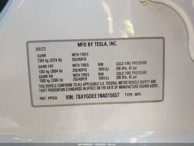 43886355 :رقم المزاد ، 7SAYGDEE1NA015657 vin ، 2022 Tesla Model Y Long Range Dual Motor All-wheel Drive مزاد بيع