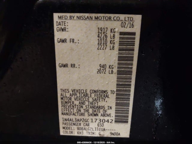1N4AL3AP2GC173042 Nissan Altima 2.5/2.5 S/2.5 Sl/2.5 Sr/2.5 Sv