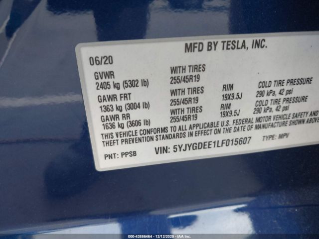 2020 TESLA MODEL Y 5YJYGDEE1LF015607 Photo 8