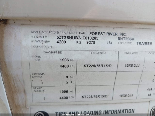 5ZT2SHUB2JE010285 Forest River Shasta Revere 29sk