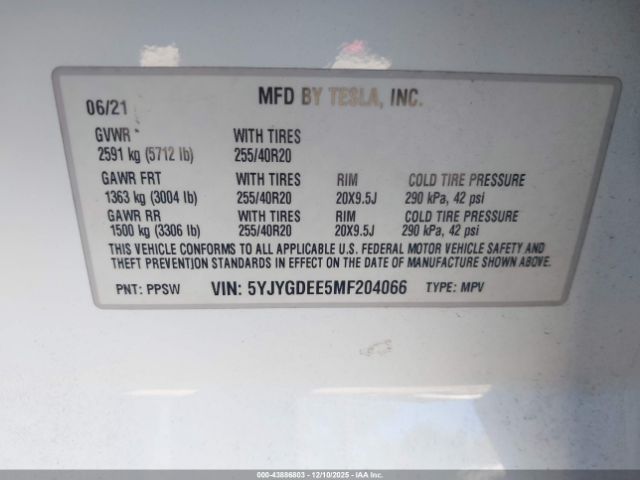 2021 TESLA MODEL Y 5YJYGDEE5MF204066 Photo 8
