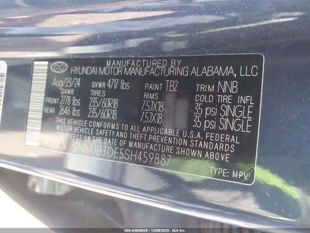Aukcja sprzedaży 2025 Hyundai Tucson Sel, vin: 5NMJB3DE5SH459887, numer aukcji: 43886828