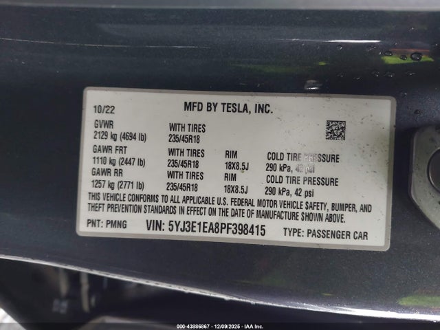 2023 Tesla Model 3 Rear-wheel Drive მანქანა იყიდება აუქციონზე, vin: 5YJ3E1EA8PF398415, აუქციონის ნომერი: 43886867