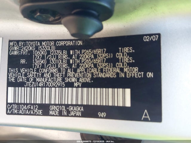 Aukcja sprzedaży 2007 Toyota 4runner Sr5 V6, vin: JTEZU14R170092915, numer aukcji: 43886870