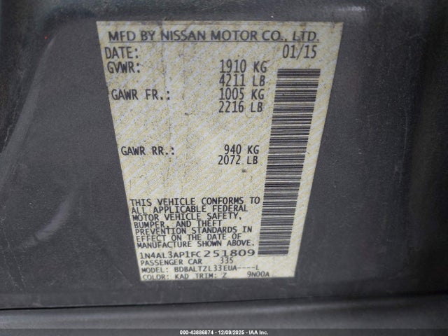 Nissan Altima 2.5 Sl 2015 1N4AL3AP1FC251809 Image 9