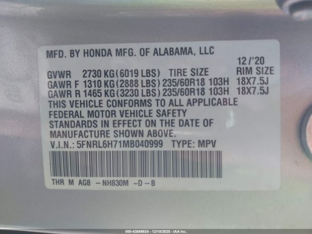 2021 HONDA ODYSSEY 5FNRL6H71MB040999 Photo 8