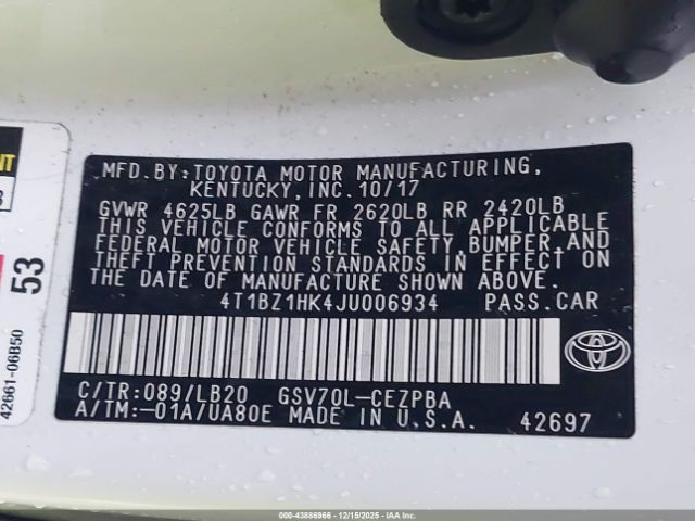 2018 TOYOTA CAMRY 4T1BZ1HK4JU006934 Photo 8