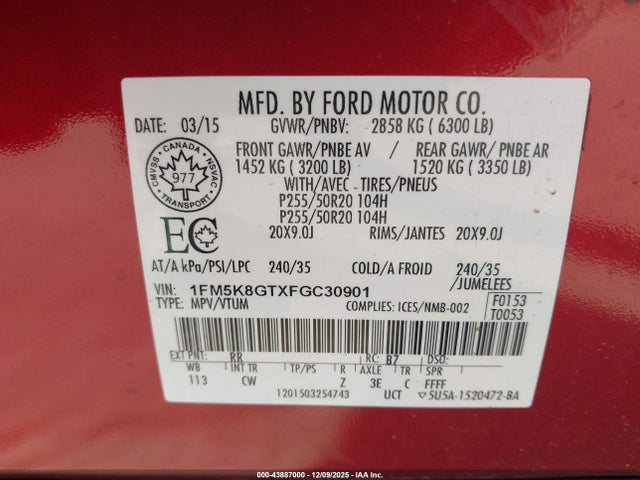 1FM5K8GTXFGC30901 Ford EXPLORER SPORT