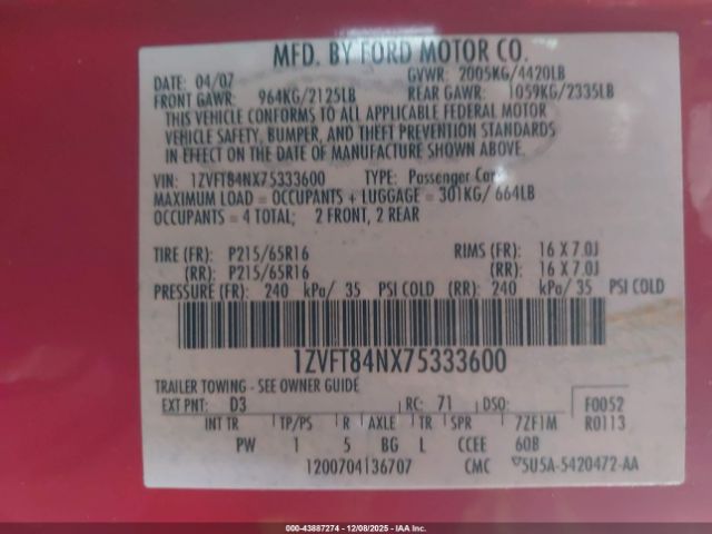 2007 FORD MUSTANG 1ZVFT84NX75333600 Photo 8