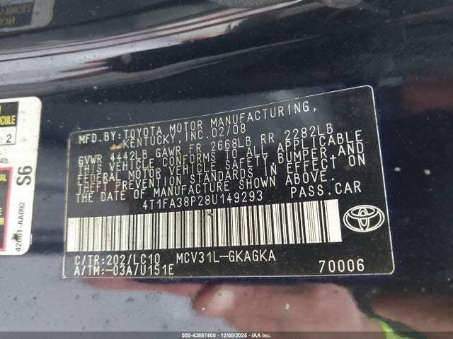 2008 Toyota Camry Solara Sle მანქანა იყიდება აუქციონზე, vin: 4T1FA38P28U149293, აუქციონის ნომერი: 43887408