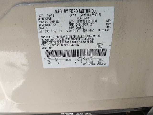 Lincoln Mkx Reserve 2016 2LMTJ6LR2GBL40847 Image 9