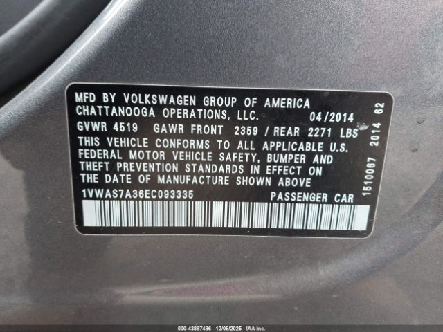 2014 VOLKSWAGEN PASSAT 1VWAS7A36EC093335 Photo 8