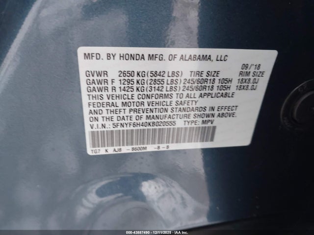 Aukcja sprzedaży 2019 Honda Pilot Ex-l, vin: 5FNYF6H40KB020555, numer aukcji: 43887490