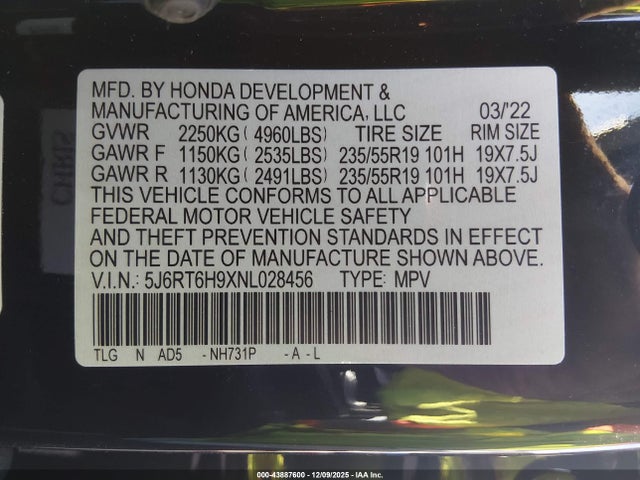 5J6RT6H9XNL028456 Honda Cr-v Hybrid Touring