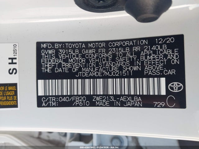 JTDEAMDE7MJ021511 Toyota Corolla Hybrid Le