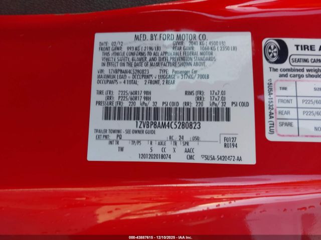 2012 FORD MUSTANG 1ZVBP8AM4C5280823 Photo 8