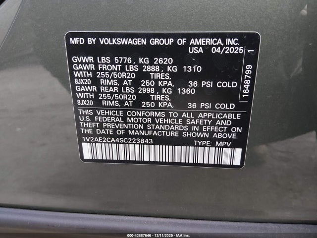 Продаж на аукціоні авто 2025 Volkswagen Atlas Cross Sport 2.0t Sel R-line Black, vin: 1V2AE2CA4SC223843, номер лоту: 43887646