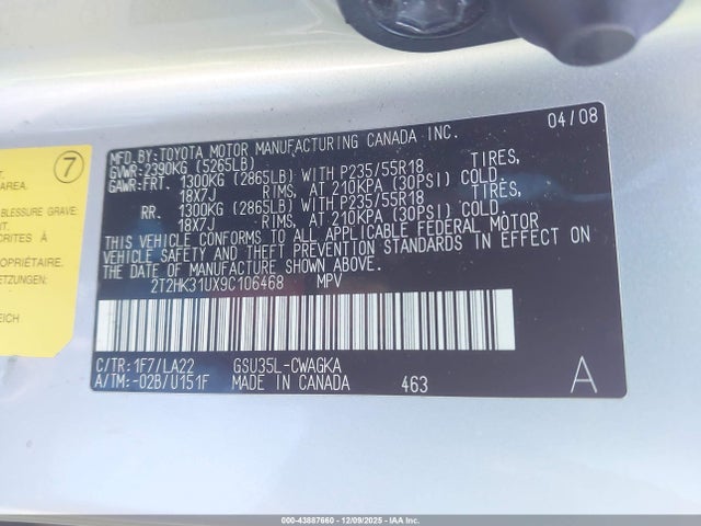 43887660 :رقم المزاد ، 2T2HK31UX9C106468 vin ، 2009 Lexus Rx 350 مزاد بيع
