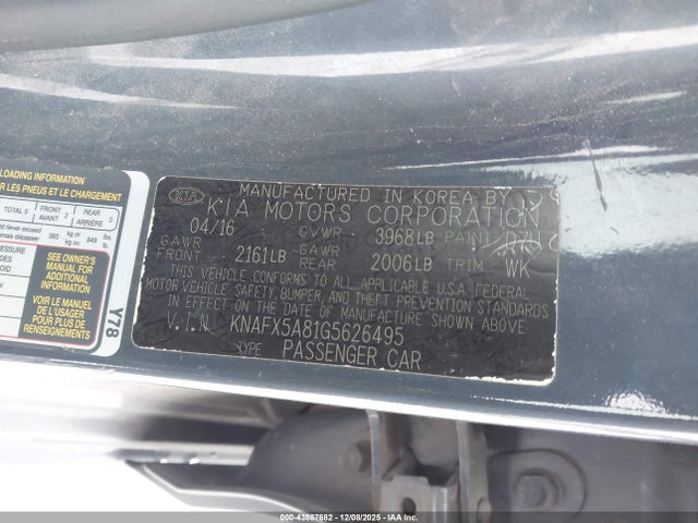 43887682 :رقم المزاد ، KNAFX5A81G5626495 vin ، 2016 Kia Forte Ex مزاد بيع
