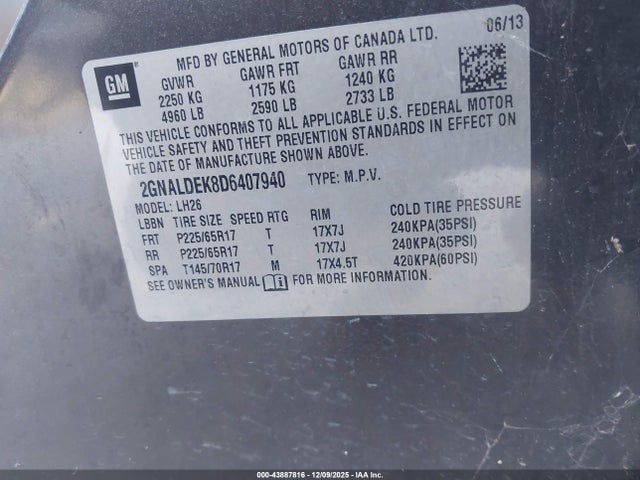 Auction sale of the 2013 Chevrolet Equinox 1lt, vin: 2GNALDEK8D6407940, lot number: 43887816