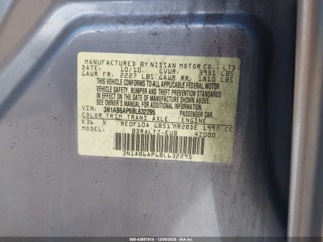 2011 Nissan Sentra 2.0s მანქანა იყიდება აუქციონზე, vin: 3N1AB6AP6BL632295, აუქციონის ნომერი: 43887914