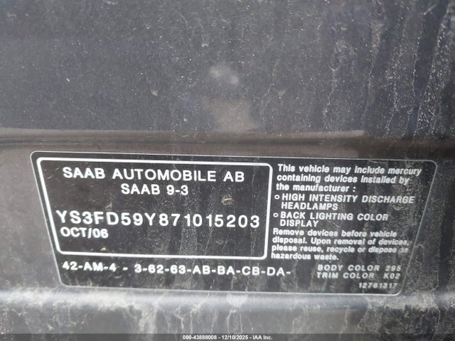 2007 SAAB 9-3 YS3FD59Y871015203 Photo 8
